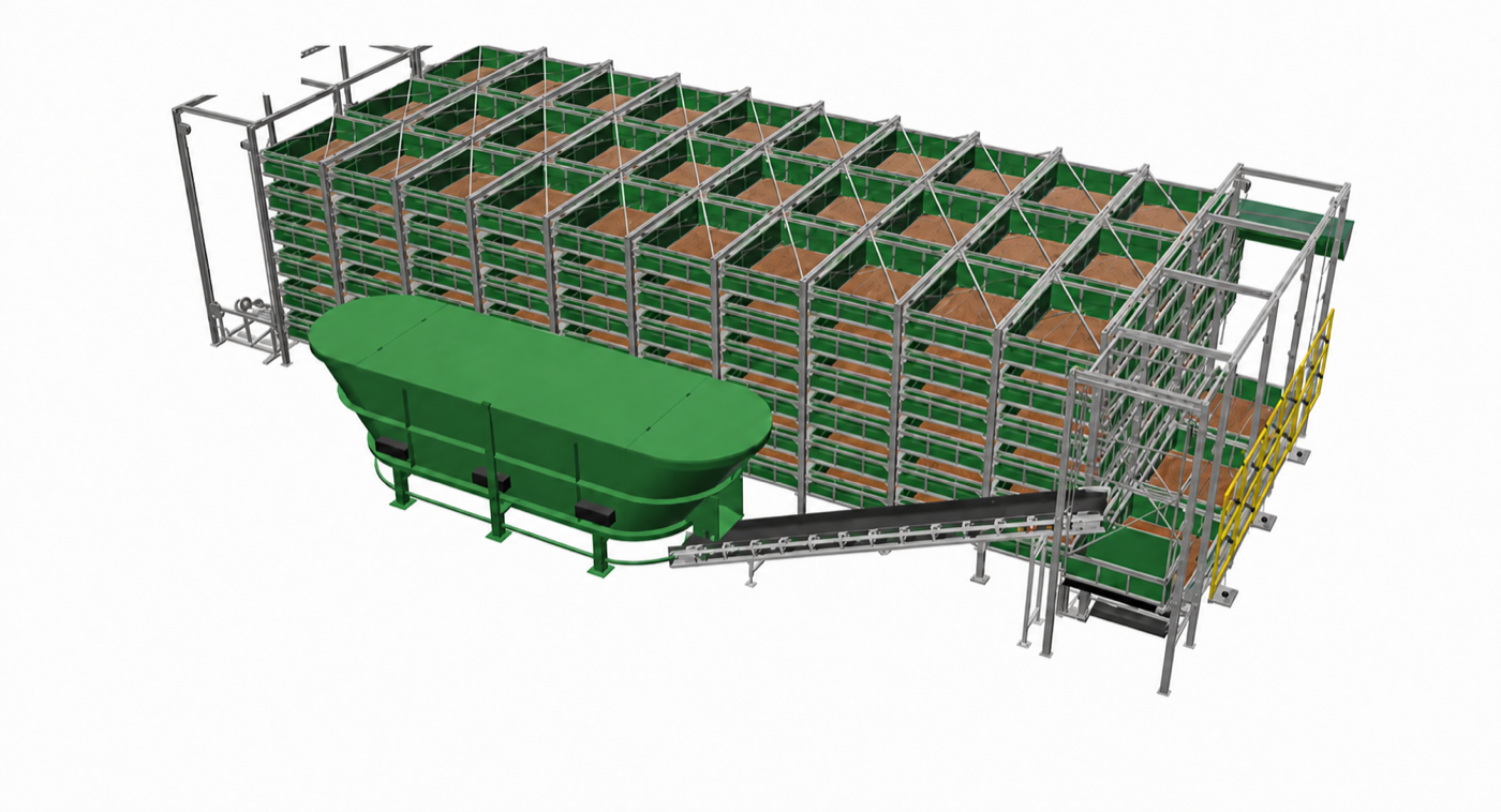 Soil Recovery Platform left side view — feed vessel, belt conveyor and tray tower on a clean white background
